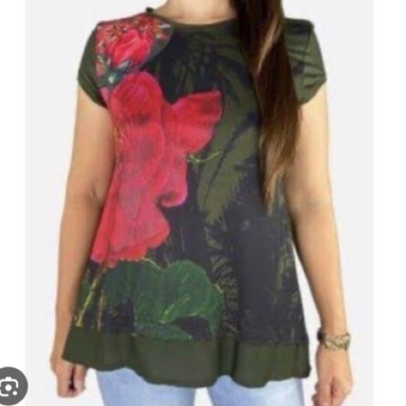 Desigual Floriana green/red flowers tee shirt S - Picture 13 of 13